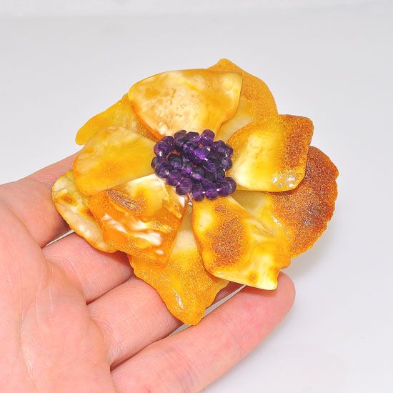 Sterling Silver Baltic Butterscotch Amber and Amethyst Large Flower Pin