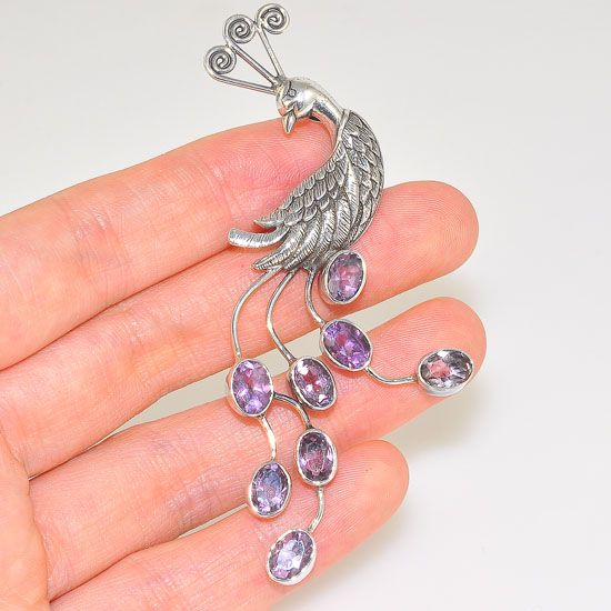 Sterling Silver Beautiful Unique Carved Peacock Amethyst Tail Pendant Pin