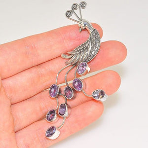 Sterling Silver Beautiful Unique Carved Peacock Amethyst Tail Pendant Pin