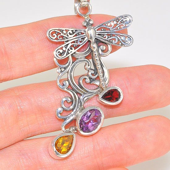Sterling Silver Majestic Carved Dragonfly Garnet, Amethyst and Citrine Pendant