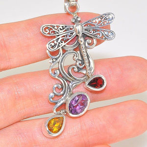 Sterling Silver Majestic Carved Dragonfly Garnet, Amethyst and Citrine Pendant