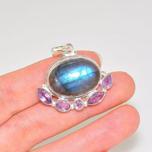 Sterling Silver Labradorite Oval and Amethyst Bead Design Pendant