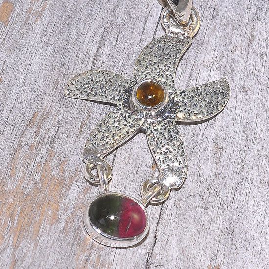 Sterling Silver Watermelon Tourmaline Starfish Design Pendant