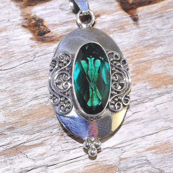 Sterling Silver Majestic Scroll Green Quartz Oval Pendant