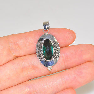 Sterling Silver Majestic Scroll Green Quartz Oval Pendant