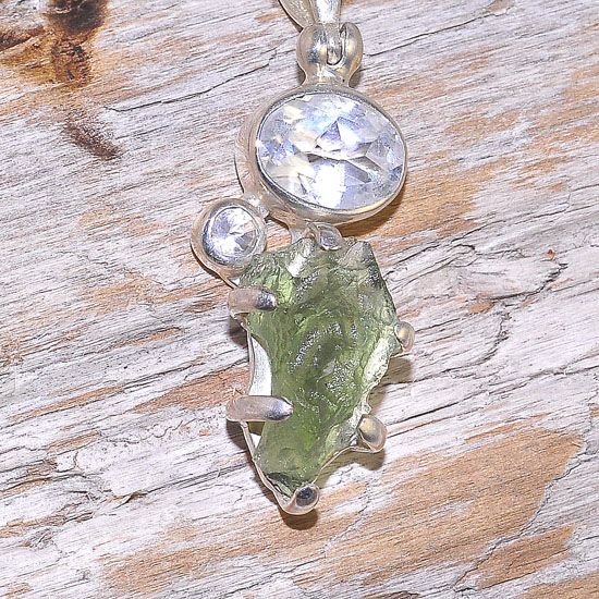 Sterling Silver 2.1 Carats Moldavite and 1.9 Carats White Topaz Pendant