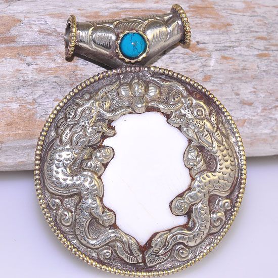 Silver Plated Tibetan Conch Shell and Turquoise Bead Dragon Carved Medallion Pendant