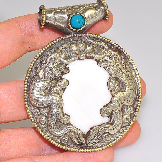 Silver Plated Tibetan Conch Shell and Turquoise Bead Dragon Carved Medallion Pendant