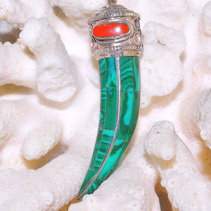 Sterling Silver Coral Stone and Malachite Inlay Wolf Tooth Pendant