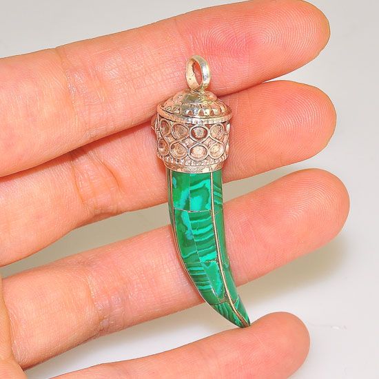Sterling Silver Coral Stone and Malachite Inlay Wolf Tooth Pendant