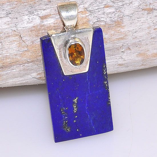 Sterling Silver Lapis Lazuli Rectangle Bar and Citrine Bead Pendant