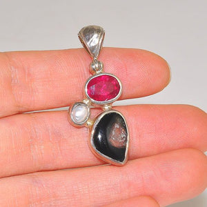 Sterling Silver Pearl, 6.1 Carats Pink and Watermelon Tourmaline Trio Pendant