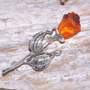 Sterling Silver Baltic Honey Amber Rose Carved Pin