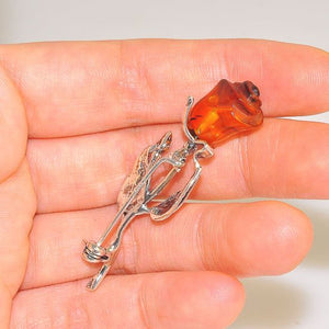 Sterling Silver Baltic Honey Amber Rose Carved Pin