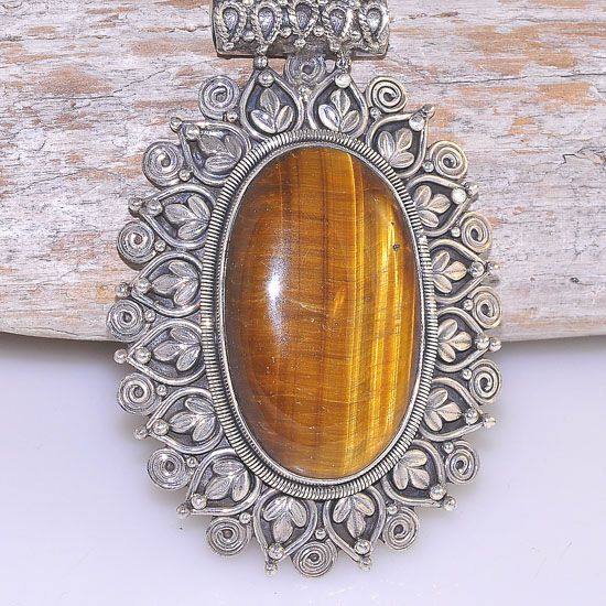 Bold 2.75" Tall Sterling Silver Tiger Eye Exotic Frame Ethnic Tribal Oval Pendant