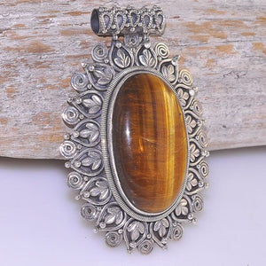 Bold 2.75" Tall Sterling Silver Tiger Eye Exotic Frame Ethnic Tribal Oval Pendant