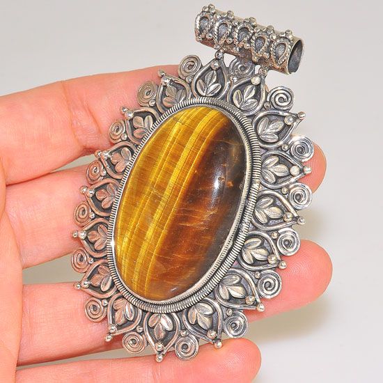 Bold 2.75" Tall Sterling Silver Tiger Eye Exotic Frame Ethnic Tribal Oval Pendant