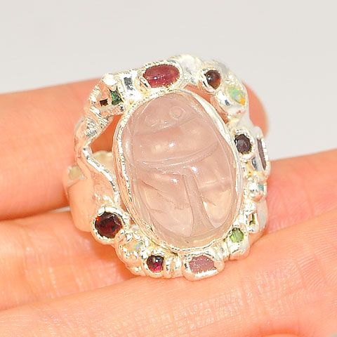 .999 Fine Silver Carved Rose Quartz Scarab, Garnet, Tourmaline and Opal Ring