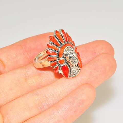 Native American Sterling Silver Red Coral Zuni-Made Head Dress Ring