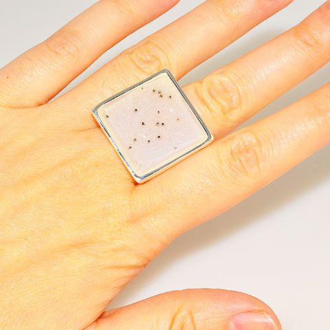 Sterling Silver Spotted Druzy Square Ring