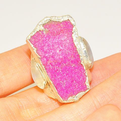 .999 Fine Silver Pink Druzy, Moonstone and Garnet Ring