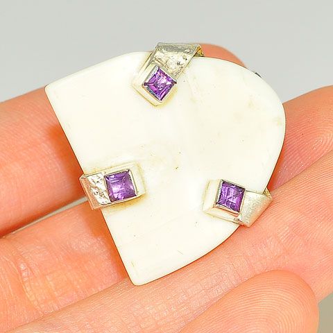 Sterling Silver Carved Mammoth Ivory and Amethyst Ring