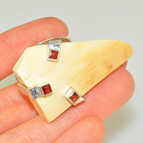 Sterling Silver Carved Mammoth Ivory and Garnet Ring