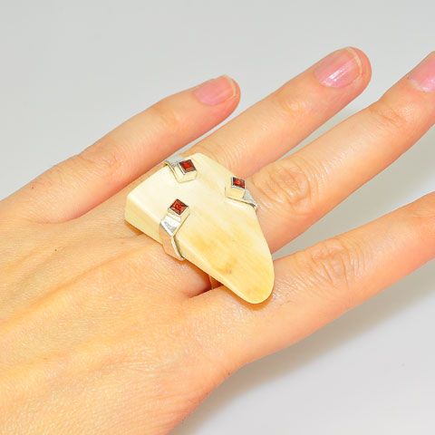 Sterling Silver Carved Mammoth Ivory and Garnet Ring