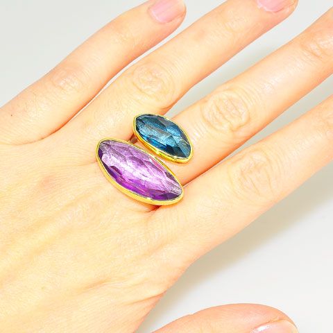 18 K Solid Gold and Sterling Silver Amethyst and Blue Topaz Ring