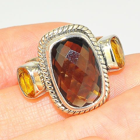 Sterling Silver Faceted Smoky Quartz and Citrine Ring