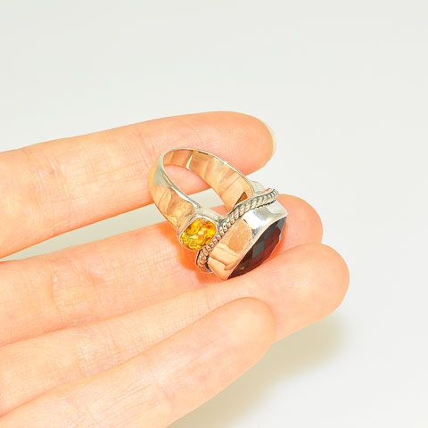 Sterling Silver Faceted Smoky Quartz and Citrine Ring