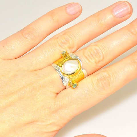 Sterling Silver and 22 K Gold Vermeil Pearl and Blue Topaz Ring
