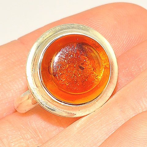 Sterling Silver Baltic Honey Amber Button Ring