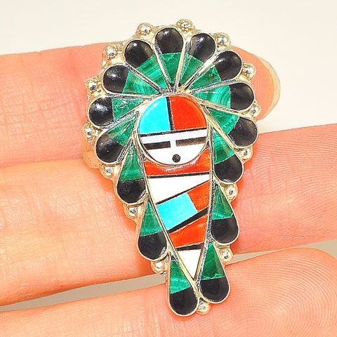Native American Sterling Silver Malachite, Jet and Coral Zuni-Made Ring