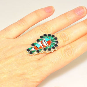 Native American Sterling Silver Malachite, Jet and Coral Zuni-Made Ring