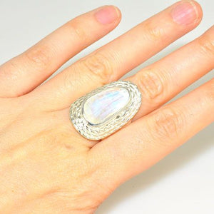 Bold Sterling Silver Glowing Fire Faceted Moonstone Ring (Size 7.5)