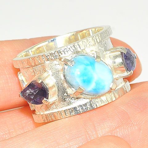 Sterling Silver Larimar and Iolite Trio Ring