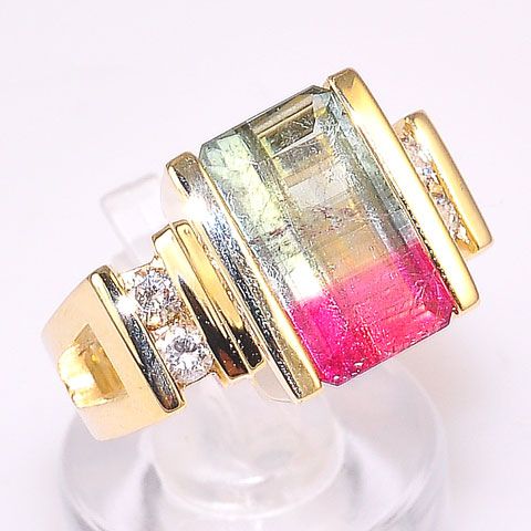 14K Solid Yellow Gold 6.5 c.t. Bi-Color Tourmaline and 0.24 c.t. Diamond Ring 