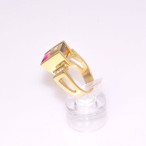 14K Solid Yellow Gold 6.5 c.t. Bi-Color Tourmaline and 0.24 c.t. Diamond Ring 