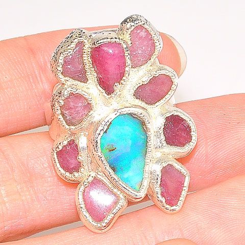 Sterling Silver Ruby and Opal Ring
