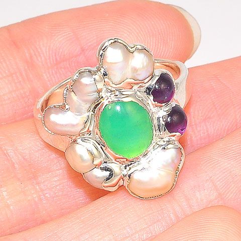 Sterling Silver Chrysoprase, Pearl and Amethyst Ring