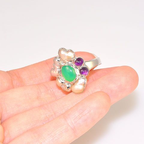 Sterling Silver Chrysoprase, Pearl and Amethyst Ring