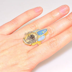 Sterling Silver and 24K Gold Overlay Opal and Herkimer Diamond Ring