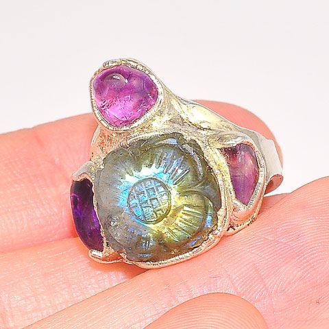 Sterling Silver Carved Labradorite and Amethyst Ring