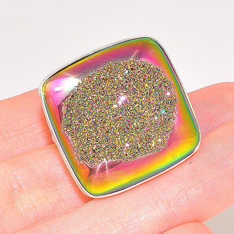 Sterling Silver Titanium Druzy Square Ring