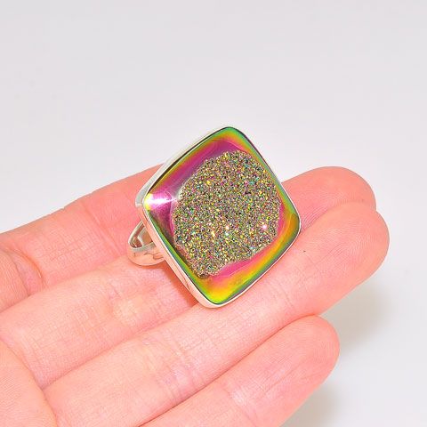 Sterling Silver Titanium Druzy Square Ring