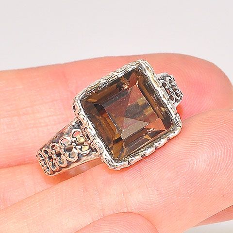 Sterling Silver Smoky Quartz Square Antique Style Ring