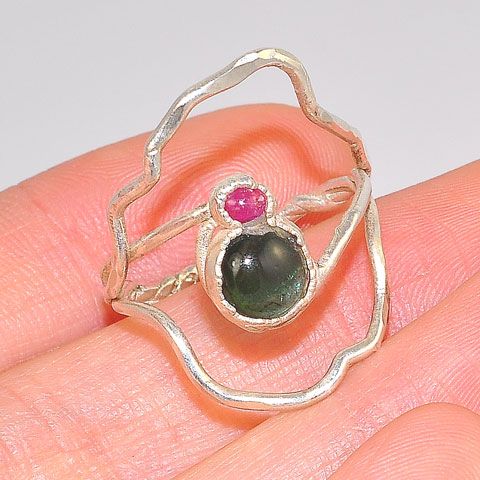 .999 Fine Silver Green Tourmaline and Ruby Ring