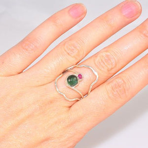 .999 Fine Silver Green Tourmaline and Ruby Ring