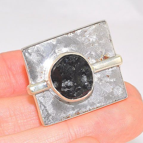 BOLD! Sterling Silver Meteorite and Moldavite Statement Ring (Size 8.5)